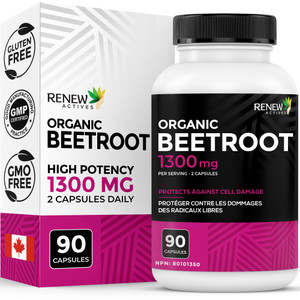 Renew Actives Organic Beetroot Supplement 1300MG per 2 Capsules - Pure Beetroot Powder for Circulation, Natural Energy, & Antioxidant Benefits - High