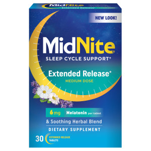 MidNite Extended Release Medium Dose, 6 mg Melatonin Sleep Aid, Non-Habit Forming, Herbal Dietary Supplement for Adults, Drug-Free, Gluten-Free, Lact
