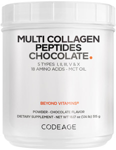 Codeage Multi Collagen Chocolate Protein Powder - Hydrolyzed Bovine Collagen Peptides, 5 Collagen Types & MCT Oil - Collagen Creamer, Chocolate Colla