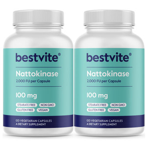 BESTVITE Nattokinase 100mg (2000 FU) (240 Vegetarian Capsules)(120x2) - No Stearates - Vegan - Non GMO - Gluten Free