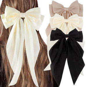 3Pcs Silky Satin Hair Accessories: Large Barrettes, Long Tail Bows, Cute Clips for Women (Beige, Pink, Black)