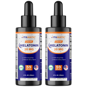 Vitamatic 2-Pack Melatonin 20mg Liquid Drops - 2 fl oz (59 ml) Each - Natural Berry Flavor - Non-GMO, Vegetarian Supplement for Adults