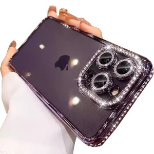 AuroiCCY for iPhone 16 Pro Max Case, Women Cute Clear Glitter Bling Diamond Rhinestone Sparkly Case Shiny Camera Lens Protectors, Plating Protective