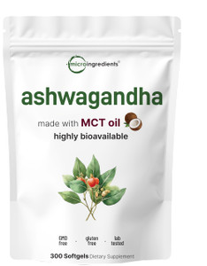 Micro Ingredients Ashwagandha Supplements | 300 Coconut MCT Oil Softgels with Black Pepper for Better Absorption | Potent Root Extract | Non-GMO
