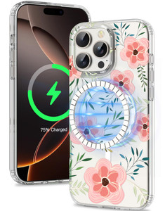iMangoo Design for iPhone 16 Pro Max Case, Magnetic Compatible with MagSafe, Floral Pattern with Adorable Blue Peony Flowers on Clear Case, Slim Hard