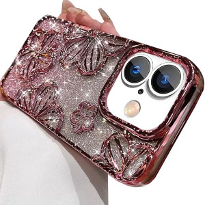 Changjia Glitter 3D Flower Case for iPhone 16 Plus,Cute Luxury Floral Design with Gradient Bling Sparkly Paper TPU Plating Bumper Clear Shockproof Wo