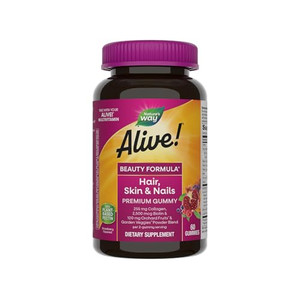 Nature's Way Alive! Hair, Skin & Nails Premium Gummies, Beauty Formula*, with Collagen, Biotin, Vitamins C & E, Strawberry Flavored, 60 Gummies