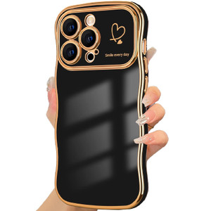 Guppy for iPhone 16 Pro Max Case for Women Girls, Cute Wave Frame Curly Shape with Love Heart Pattern Raised Camera Protection Cover Soft TPU Luxury