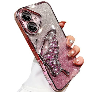 Changjia for iPhone 16 Glitter Butterfly Case, Cute Luxury Bling Sparkle Liquid Flowing with Camera Lens Protector Soft TPU Plating Bumper Shockproof