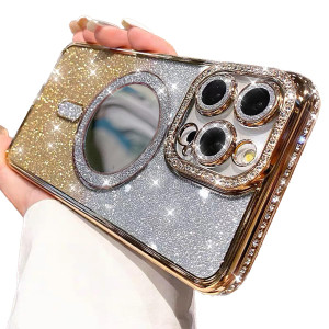 for iPhone 16 Pro Max Magnetic Case, [Compatible with Magsafe] Shockproof Glitter Makeup Mirror Diamond Camera Protector Sparkly Bling Girly Woman Cu