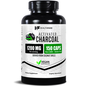 Healthfare Activated Charcoal Pills 1200mg | 150 Vegan Capsules | Organic Coconut-Sourced | Detox & Digestive Balance | Non-GMO, Gluten-Free | Made i