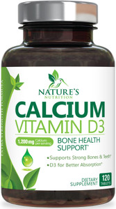 Calcium Supplement 1200 mg - with Vitamin D3 for Best Absorption - Supports Immune Health, Bones & Teeth - Nature's Calcium Carbonate + 1600 IU of D3