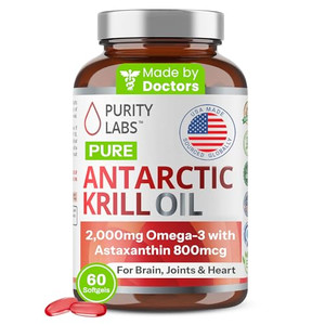 Purity Labs Antarctic Krill Oil 2000mg Omega-3 with Astaxanthin 800mcg Supplements to Support Memory- Rich in Omega 3, Fatty Acids, DHA, EPA & Phosph