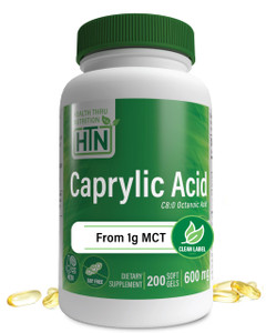 Health Thru Nutrition Caprylic Acid 600mg 200 Softgels | C8 Octanoic Acid from Pure 1g MCT Oil | Non-GMO & Soy Free | Support Healthy Digestive and I