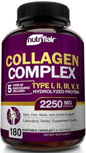 NutriFlair Multi Collagen Peptides 2250mg - Type I, II, III, V, X - Collagen Supplements Complex Powder Pills for Women and Men - Hydrolyzed Protein,