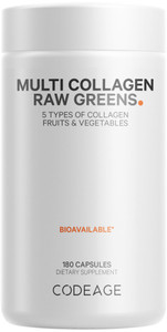 Codeage Multi Collagen Protein + Organic Raw Greens Superfood Capsules Supplement, 21 Fruits & Veggies, Grass-Fed Hydrolyzed Collagen Peptides, 5 Typ