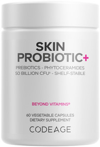 Codeage Skin Probiotics + Prebiotics - Skin Care Routine Supplement - 50 Billion CFU - Ayurvedic Botanical Herbs - Face Probiotics - Shelf Stable Cle