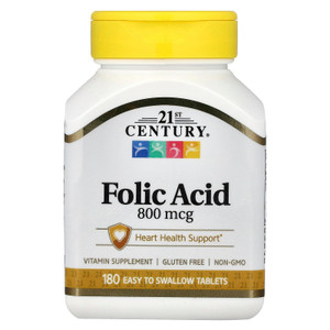 21st Century 800 mcg Folic Acid Tablets, Assorted, 180 Count