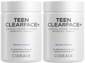 Codeage Teen Clearface Adolescent Face, Skin & Pimples, Vitamins A, C, D3, E, Pantothenic Acid, Niacin, Zinc Supplement Teenagers, Probiotics, L-Lysi