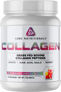 Core Nutritionals Hydrolyzed Collagen Peptides | Type I & III from Grass Fed Bovine | Hair, Skin, & Nails | Bone & Joint Support | 1 Pound (Strawberr