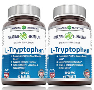 Amazing Formulas L-Tryptophan 1000mg Tablets Supplement | Non-GMO | Gluten Free | Made in USA (60 Count | 2 Pack)