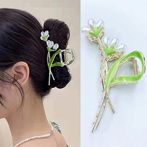 ZYALTFDC Summer Hair Claw Clips for Women Girls Non Slip Hair Clamp Claws for Women Girls Pearl Barrettes Metal Large Flower Hair Clips Thick Thin Ha