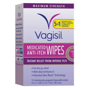 Vagisil Anti-Itch Medicated Feminine Intimate Wipes for Women, Maximum Strength, Gynecologist Tested, 12 Wipes (Pack of 1)