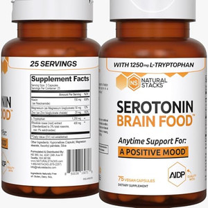 NATURAL STACKS Serotonin Brain Food w/L-Tryptophan & Rhodiola Rosea - Mood Support Supplement - Promotes Positive Mood, Calmness, Stress Relief - Hap