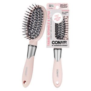 Conair Velvet Touch Cushion Hair Brush, Compact Travel Detangler Brush for Curly or Straight Styles, Flex Cushion Base for Stress-Free Brushing, Blus