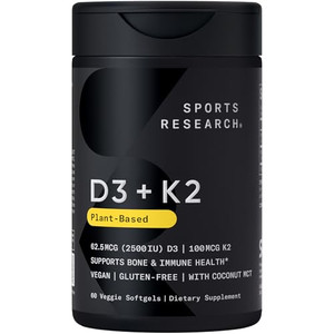 Sports Research® Vitamin D3 + K2 w/Coconut Oil - Vegan Vitamin D 2500iu (62.5mcg) & Mk7 Vitamin K 100mcg for Bone & Immune Support - Vegan Certified