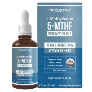 L Methyl Folate 15mg Plus Methyl B12 Cofactor  Organic Berry Flavor, High Potency Liquid Sublingual Active 5-MTHF Form - Supports Mood, Methylation,