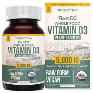 Organic Vitamin D3 5,000 IU - 100% Whole Food & Plant-Based Cholecalciferol Form, 100% Vegan Vitamin D - Enhanced with Prebiotic & Superfood Complex