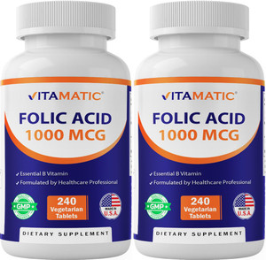 Vitamatic Folic Acid 1000 mcg (1 mg)  240 Vegetarian Tablets (Pack of 2) 1667 mcg DFE  Vitamin B9 for Prenatal, Heart & Cellular Health