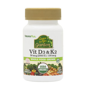 NaturesPlus Source of Life Garden Vitamin D3 & K2 - 60 Capsules - Immune System and Bone Support - USDA Certified Organic, Vegan, Gluten Free - 60 Se
