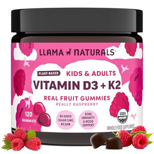 Llama Naturals Vitamin D3 K2 Gummies for Adults and Kids, Vegan, Organic, Vitamin D Gummies, Real Fruit Gummy Vitamins, No Added Sugar Cane, Raspberr