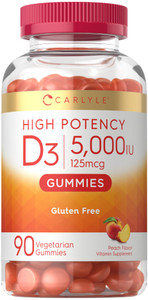 Carlyle Vitamin D3 Gummies | 5000 IU (125 mcg) | 90 Count | High Potency for Adults | Peach Flavor | Vegetarian, Non-GMO, Gluten Free Supplement