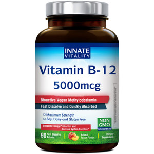 Innate Vitality Vitamin B12 5000mcg, Sublingual, Vegan Methylcobalamin, Fast Dissolve Tablets, Natural Peach Flavor, Supports Energy Production & Hea