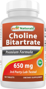 Best Naturals Choline Bitartrate 650 mg (Non-GMO) for Healthy Cognitive Brain Function 180 Tablets