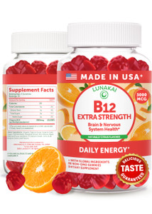 Lunakai Extra Strength 3000mcg Vitamin B12 Gummies - USA Made, Delicious Daily Energy & Metabolism Support - Vegan B12 Methylcobalamin Supplement 60c