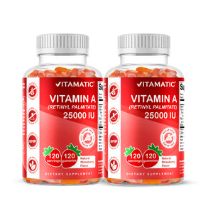 Vitamatic Sugar Free Vitamin A 25000 IU Gummies (Retinyl Palmitate) - Natural Strawberry Flavor - 120 Pectin Based Gummies (2 Bottles)