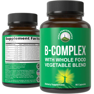Vitamin B Complex Capsules + Whole Food Blend of 25 Vegetables and Fruits for Max Absorption. Best Vegan B-Complex Supplement with Vitamin B1, B2, B3