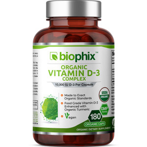 biophix Organic Vitamin D-3 Complex 10000 IU 180 Vcaps with Turmeric - High-Potency Supports Strong Bones Immune Health