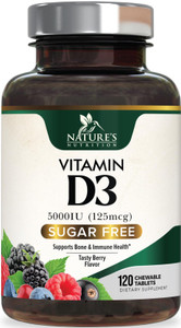 Vitamin D3 5000 IU (125 mcg) Nature's Extra Strength Vitamin D Supplement Chewable for Immune Support Health - Bone, Teeth and Muscle Supplements - S