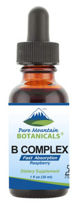 Pure Mountain Botanicals Liquid Vitamin B Complex - Raspberry Flavor Kosher B Complex Vitamin with B12, B6, Thiamin, Biotin, Niacin - 1oz Bottle