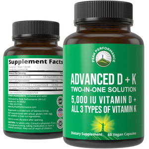 Peak Performance Advanced Vitamin D 5000 IU with All 3 Types of Vitamin K Vitamin D3 and Vitamin K2, K1, MK-7 (MK7), MK4 Supplement. 60 Small and Eas