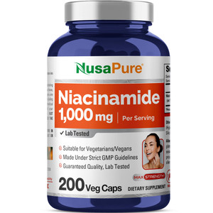 NusaPure Niacinamide 1000mg 200 Veggie Capsules (Non-GMO, Vegan) Flush Free