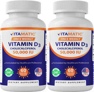 Vitamatic 2 Pack Vitamin D3 50,000 IU (as Cholecalciferol), Once Weekly Dose, 1250 mcg, 60 Veggie Capsules 1 Year Supply, Progressive Formula Helping