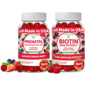 Lunakai Prenatal and Biotin Gummies Bundle - Pregnancy Multivitamin Gummy with Iron & Folic Acid - Hair Skin and Nails Growth Supplement with Vitamin
