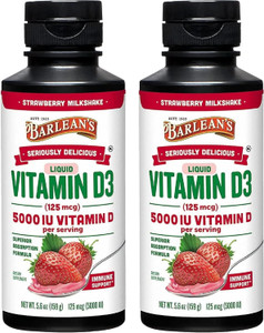 Barlean's Pack of 2 Vitamin D3 Liquid Supplement for Kids and Adults, 5000 IU Vitamin D, Strawberry Milkshake, Non-GMO, Gluten and Dairy Free, 5.6 oz