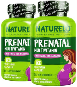 NATURELO Prenatal Multivitamin with Gentle Chelated Iron, Methyl Folate, Plant Calcium & Choline - Vegan, Vegetarian - Non-GMO - Gluten Free - 180 Ca